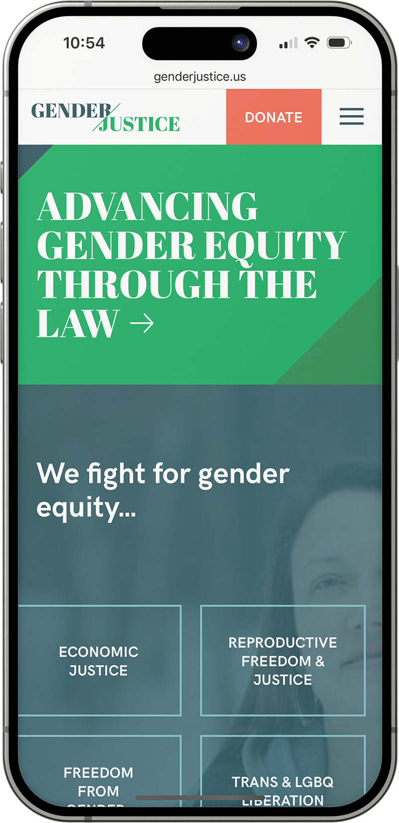 Gender Justice mobile homepage